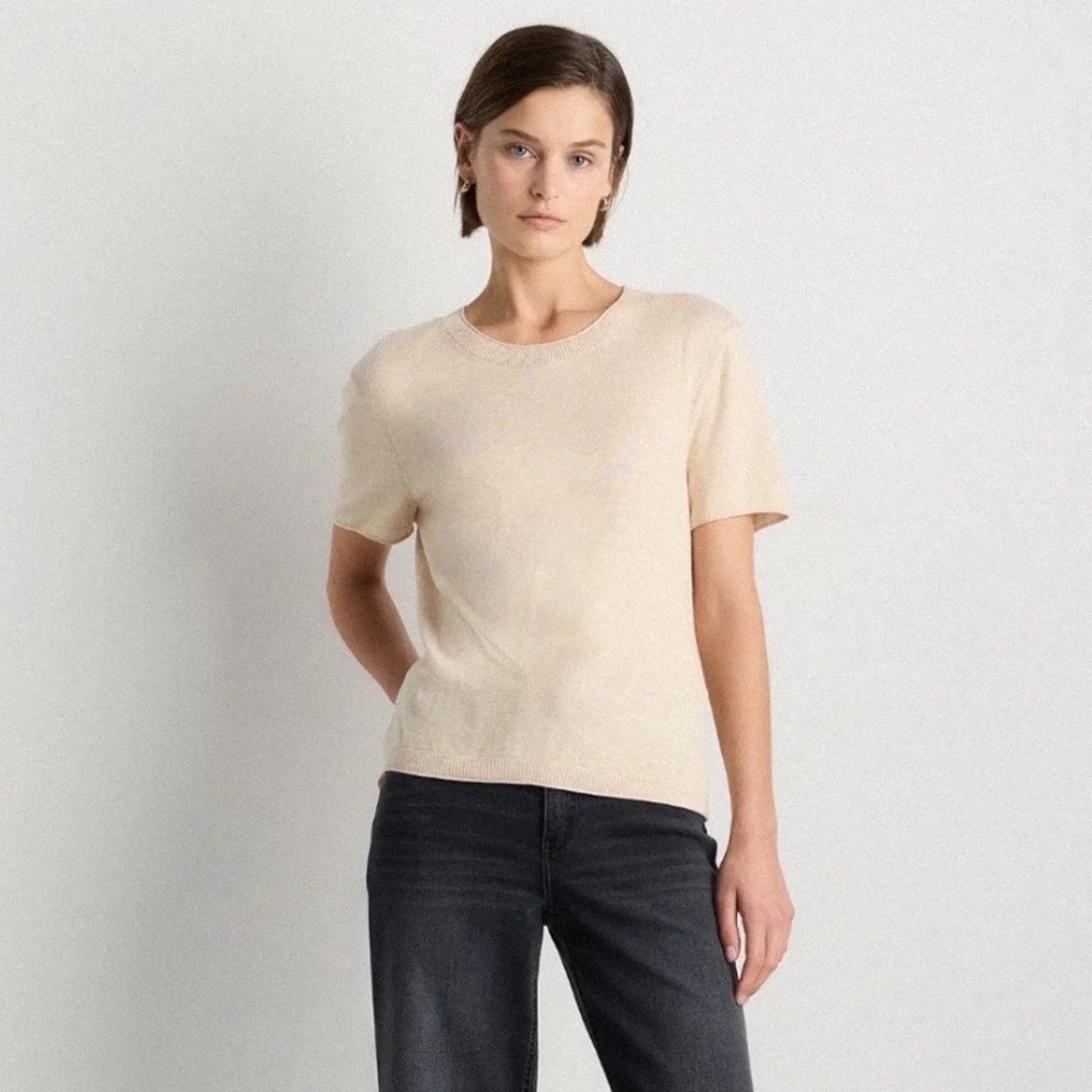 Quince Organic Cotton Cashmere Short Sleeve Sweater Tee Oatmeal Beige XL NWT